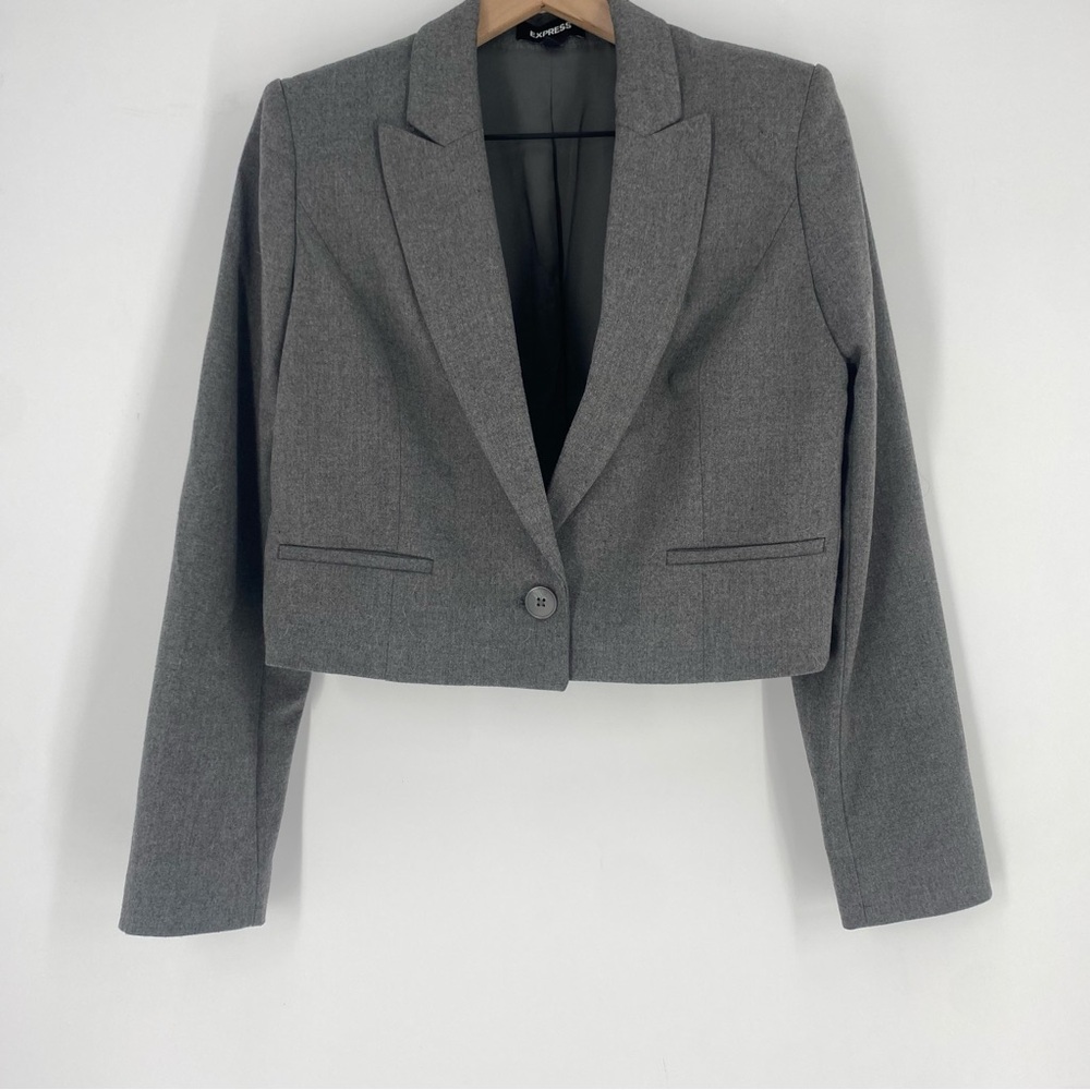 EXPRESS Peak Lapel One Button Cropped Gray Blazer - Picture 3 of 7